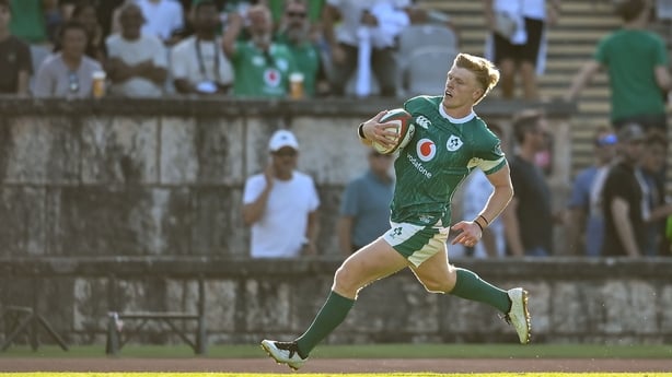 12 July 2025; Tommy O'Brien of Ireland on his way to scoring his side's third try during the International Rugby Test match between Portugal and Ireland at Estádio Nacional do Jamor in Lisbon, Portugal. Photo by David Fitzgerald/Sportsfile