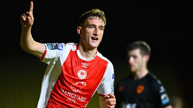 22 September 2025; Mason Melia of St Patrick's Athletic celebrates after scoring his side's second goal during the SSE Airtricity Men's Premier Division match between St Patrick's Athletic and Cork City at Richmond Park in Dublin. Photo by Shauna Clinton/Sportsfile