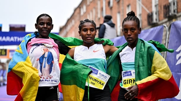 26 October 2025; Women's 2025 Irish Life Dublin Marathon medalists, from left, bronze medalist Atsede Baysa, gold medalist Eebbissee Addunyaa and silver medalist Kena Girma. This marks the 44th edition of the race with thousands of participants from international athletes, club runners, wheelchair-a