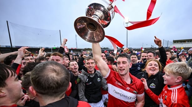 26 October 2025; Dingle captain Paul Geaney and teammates celebrate with the Bishop Moynihan cup after the Kerry County Senior Club Football Championship final match between Austin Stacks and Dingle at Austin Stack Park in Tralee, Kerry Photo by Brendan Moran/Sportsfile